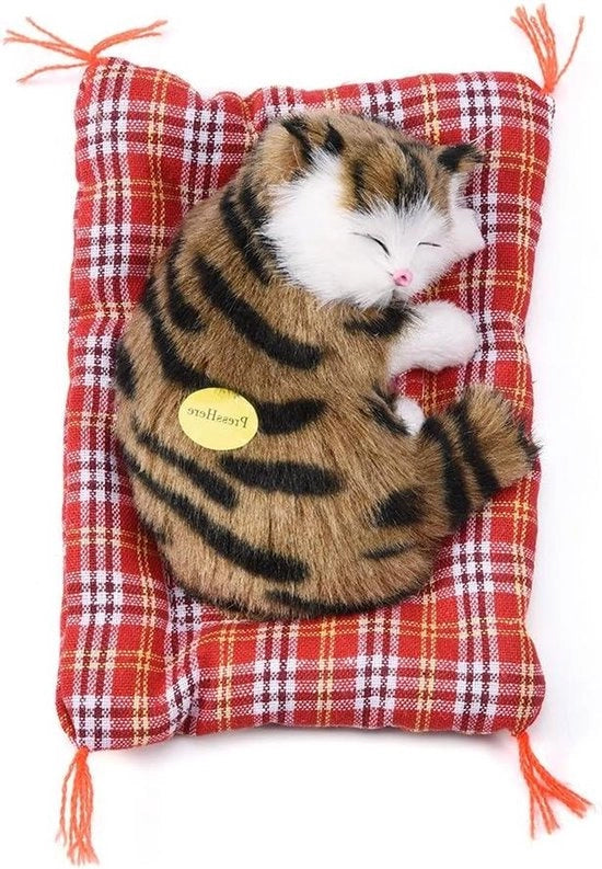 Gatto Simulatore con Cuscino e Suono di Miau - Giocattolo Interattivo in Piuma per Gatti - Decorazione per la Casa in Nero e Moka