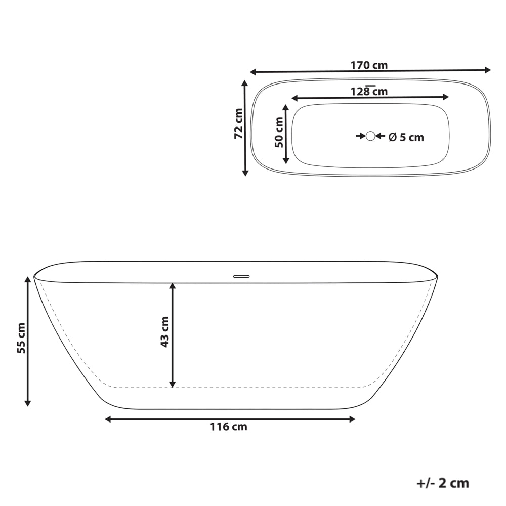Vasca da bagno freestanding bianca in solid surface, vasca da immersione con bordo sottile, 170 cm bianca