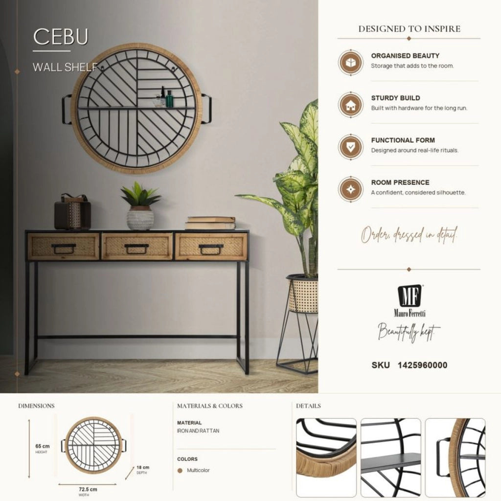 Mensola da muro Cebu a 2 ripiani in ferro e rattan — 72,5x18x65 cm