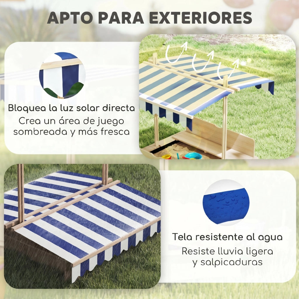 Arenero per Bambini con Tettoia Regolabile e Panche ¨C Zephmum ¨C 106x106x115 cm Legno Naturale