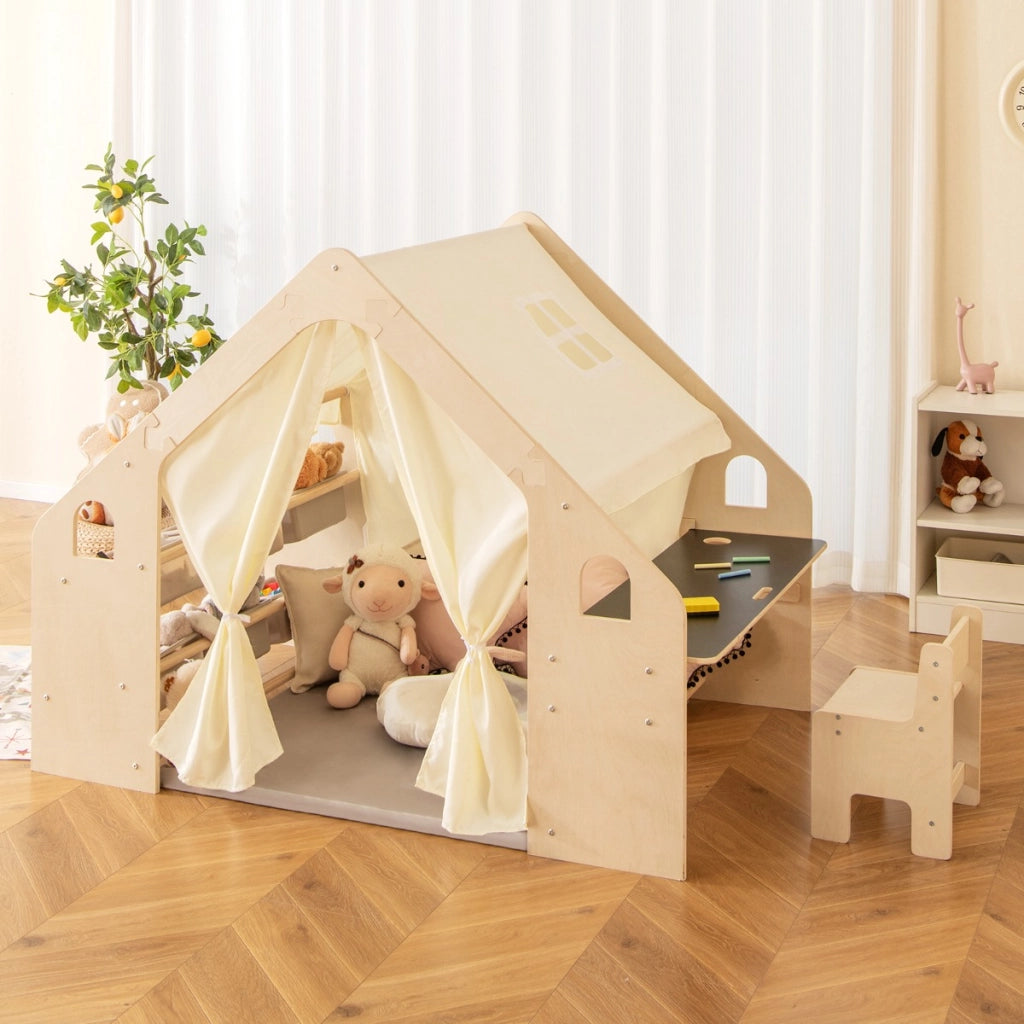 Tenda da gioco per bambini 6-in-1 in legno per interni con lavagna scrivania sedia, Casetta da gioco con tende Beige-Tende e Casette per bambini