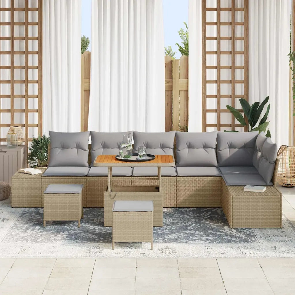 Set Divano da Giardino con cuscino 9 pcs Beige Poly Rattan
