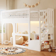 LETTO a soppalco per bambini 90x200 cm in legno bianco con scale contenitore e LED
