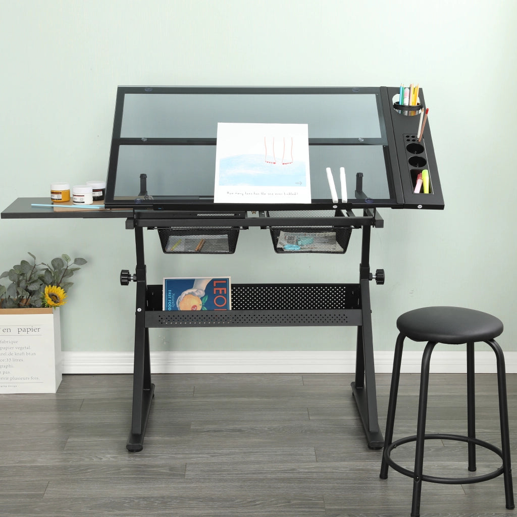 Scrivania lineare inclinabile con piano in vetro temperato, cassetti metallici e sgabello, nera, 101 × 72 × 17 cm