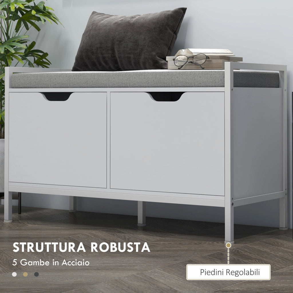 Panca Scarpiera con Cuscino ¨C Xylo ¨C Bianco Legno Acciaio 84x35x50 cm