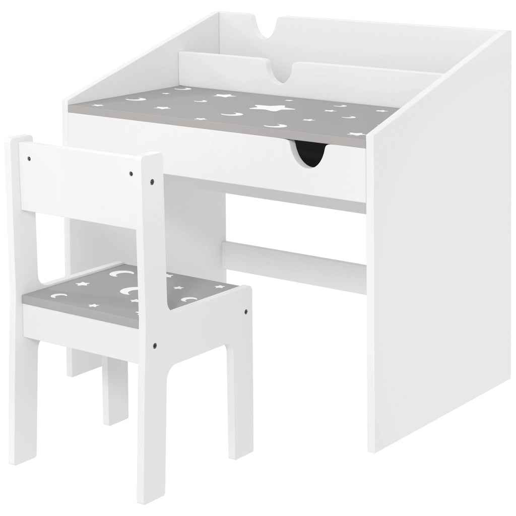 Set Sedia e Tavolino Bambini ¨C Xylo ¨C Legno Grigio con Cassetto Organizzatore 3-6 Anni