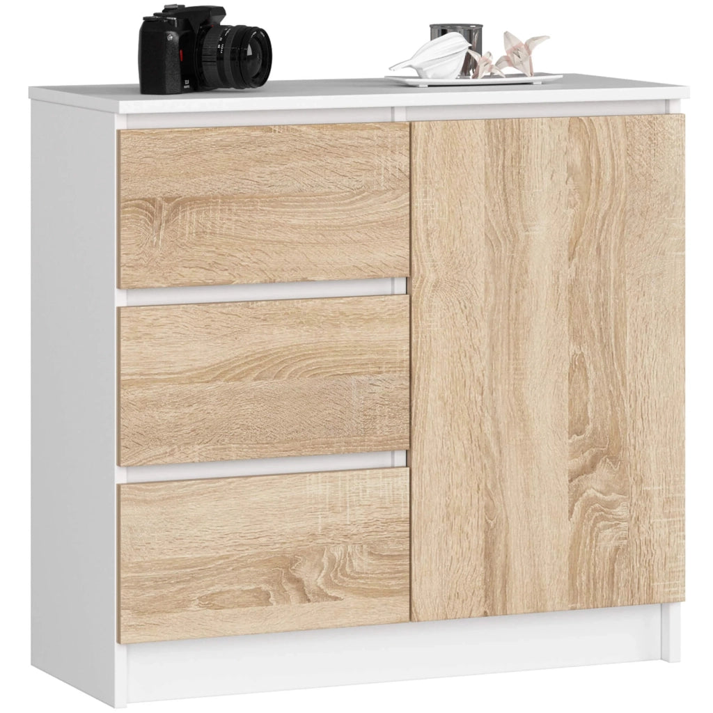 Cassettiera AKORD JERRY Cassettiera Bianca 80 cm 1 anta 3 cassetti inserto frontale Sonoma Quercia 80x35x77 cm