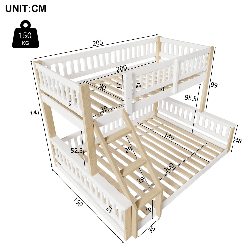Letto a castello in legno 90x200 cm + 140x200 cm con scala e sponde