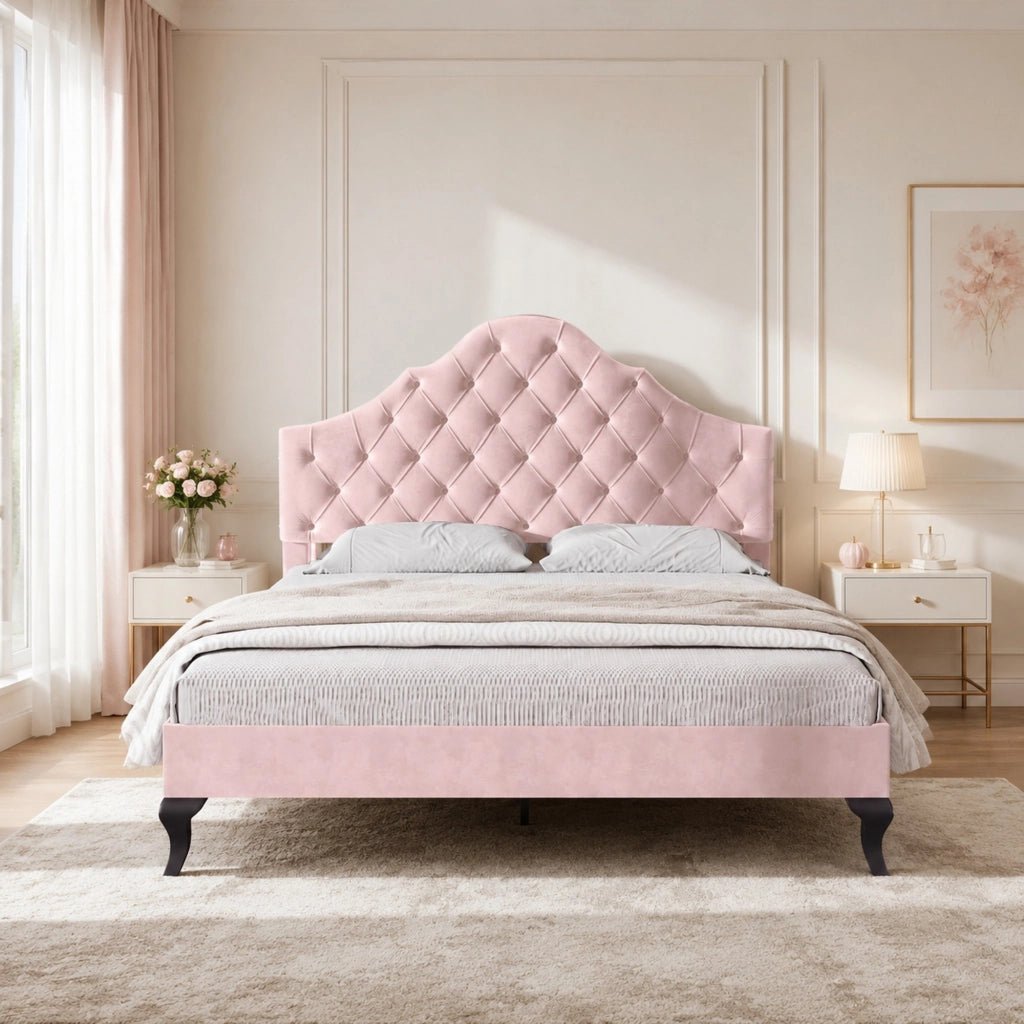 LETTO imbottito 140x200 cm in velluto rosa con rete a doghe e testiera