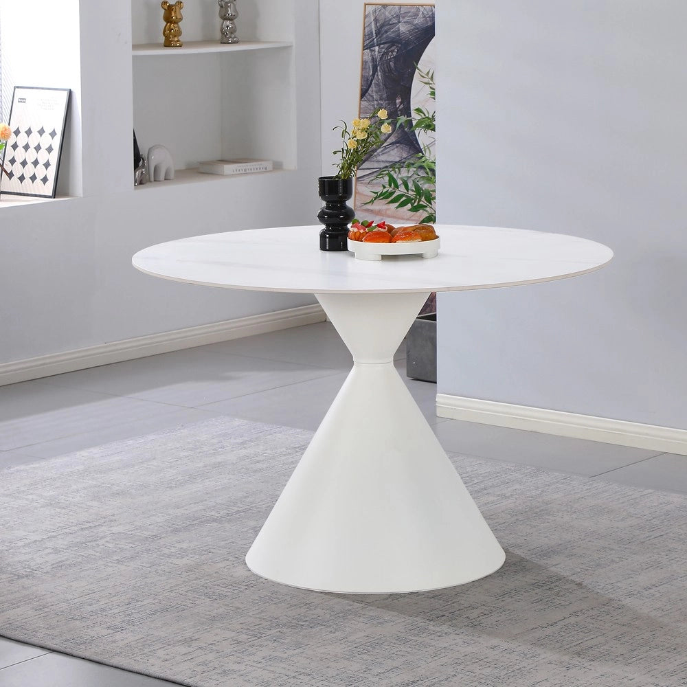 Tavolo Rotondo Taini Ø120 cm in Ceramica Effetto Marmo Bianco con Base Conica in Metallo