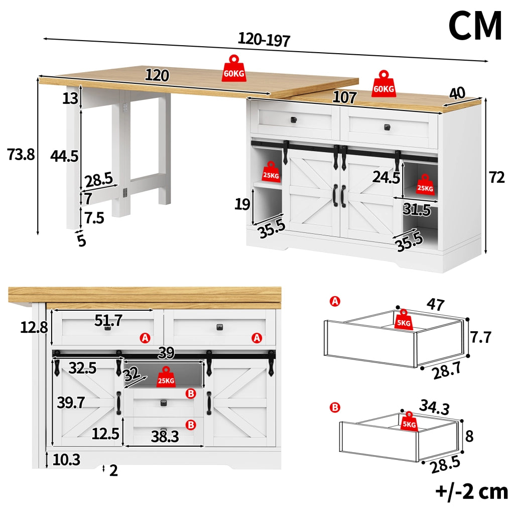 Tavolo da pranzo con mobile laterale e piano girevole 360 per cucina e sala da pranzo in MDF bianco 120 × 40 × 72 cm