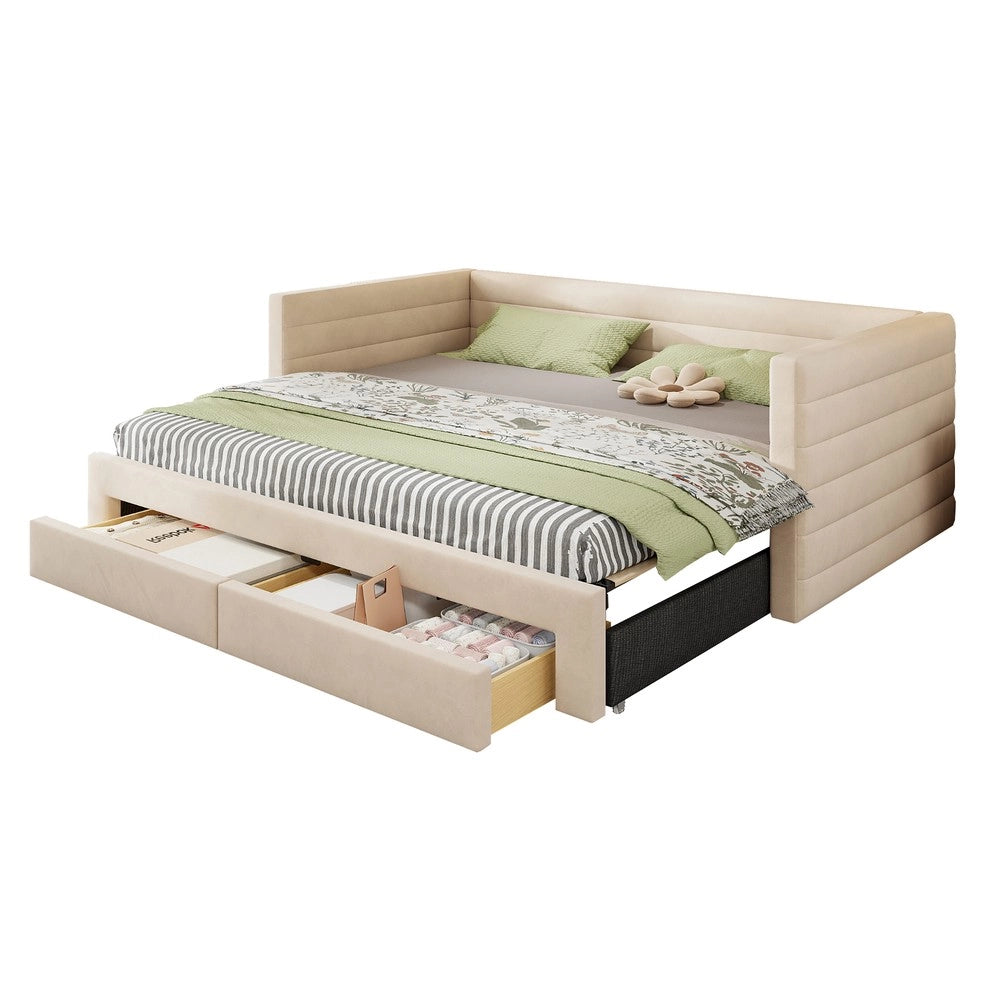 Letto Imbottito Estraibile 3 in 1 con Cassetti e Rete a Doghe ¨C MINIMAL ¨C Singolo/Matrimoniale 90x190, Beige