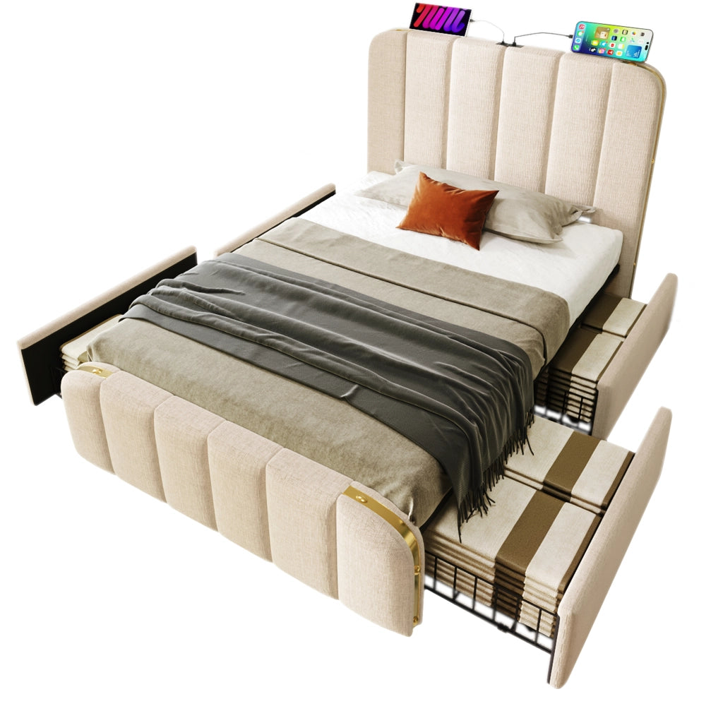 letto imbottito lino beige 90 x 200 cm