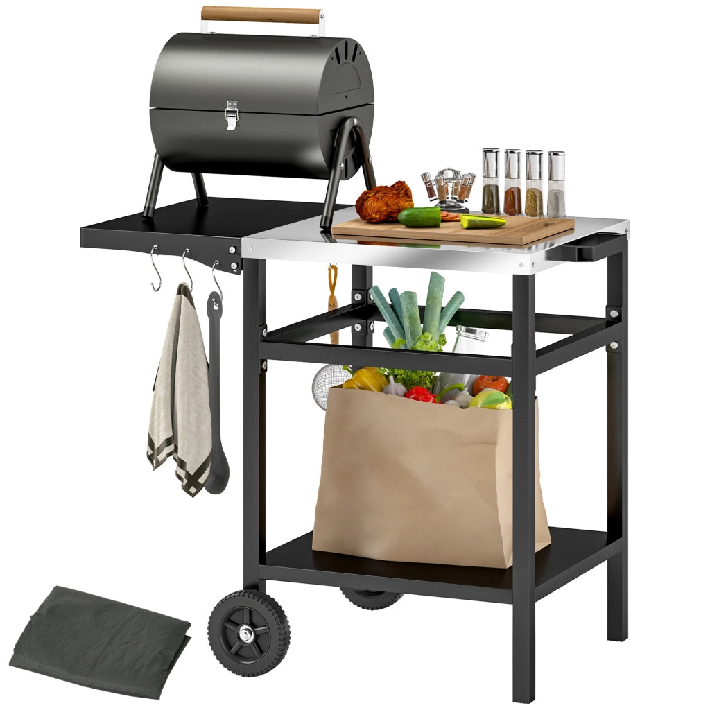 Carrello per Barbecue con Piano in Acciaio e Ripiano Richiudibile, Ruote e Ganci, 91x58x76 cm, Nero