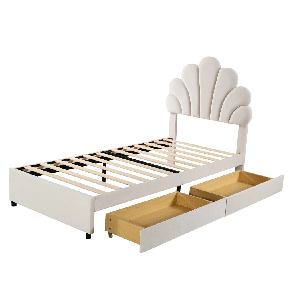 LETTO Imbottito 90x200 cm Beige con 2 cassetti