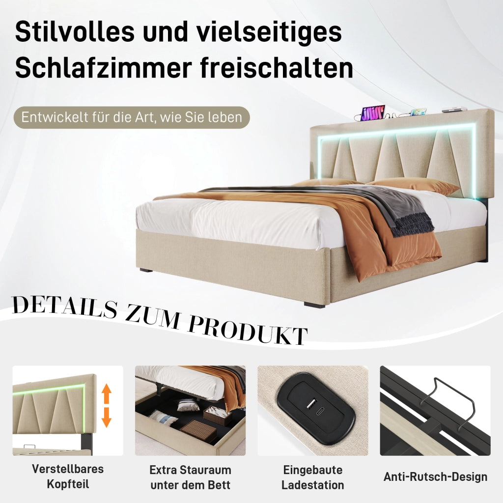 LETTO imbottito LED 140x200 cm in lino beige con USB e Type C