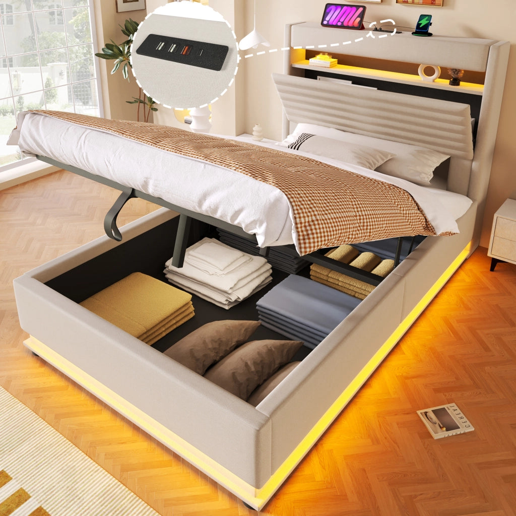 LETTO Contenitore 90x200 cm in lino beige con LED e USB Type-C