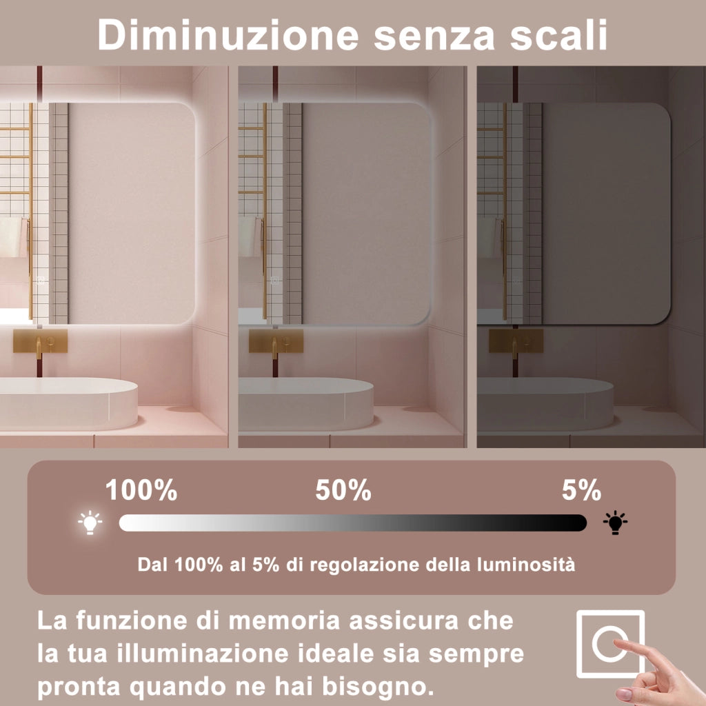 AICA Specchio da bagno 100 x 70 cm, dimmerabile, interruttore touch, Funzione Memoria
