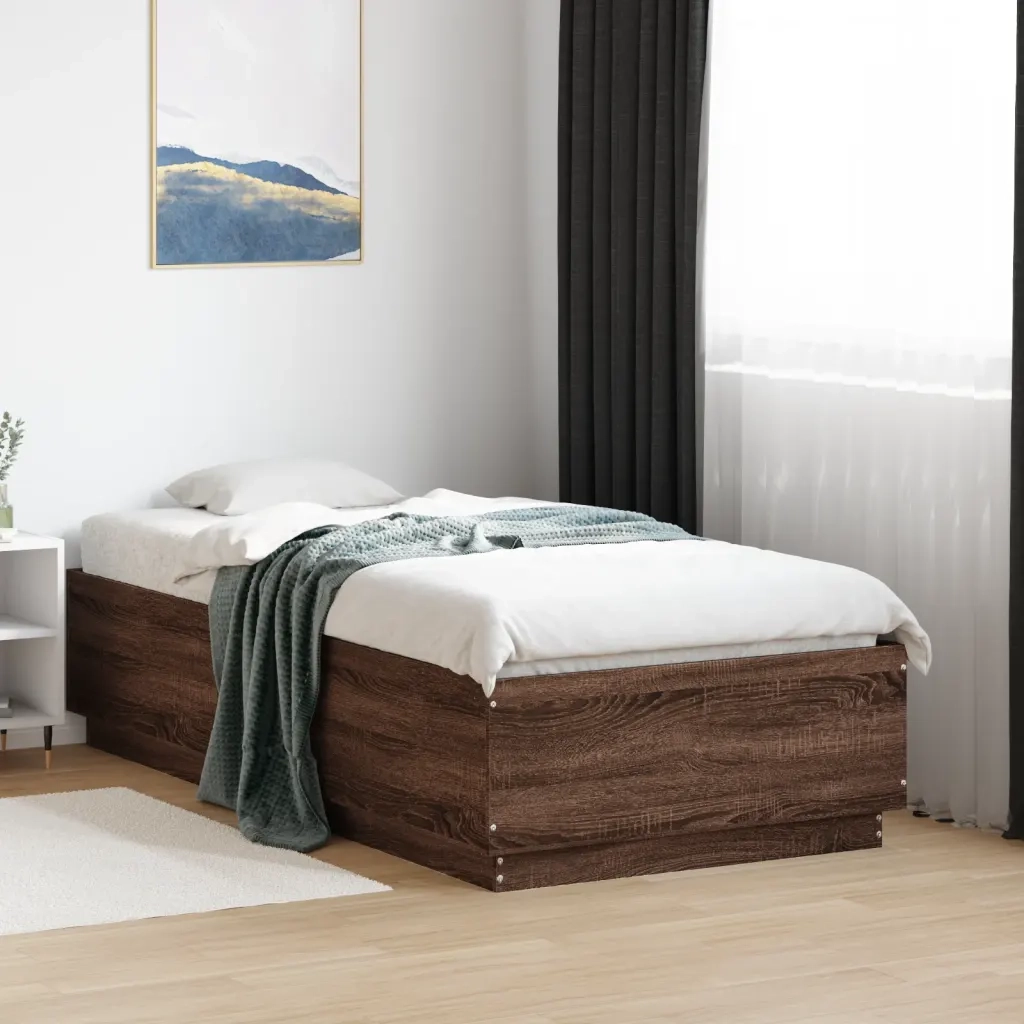 Letto singolo | Letto per adulti | Giroletto Luci LED Rovere Marrone 90x190cm in Legno Multistrato