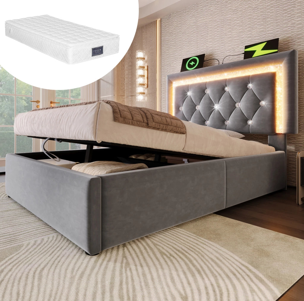 Letto singolo 90x200 cm in velluto grigio con LED; presa USB e Type-C; contenitore e materasso