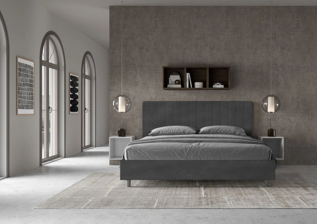 BS COM Letto matrimoniale king size contenitore imbottito 190x210 microfibra grigio
