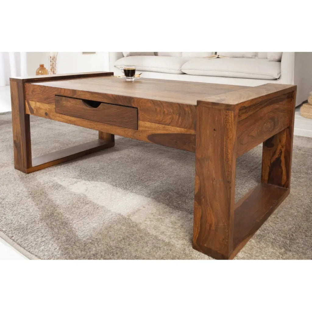 Tavolino basso MOKARA 100 cm in legno massiccio di sheesham con cassetto stile contemporaneo
