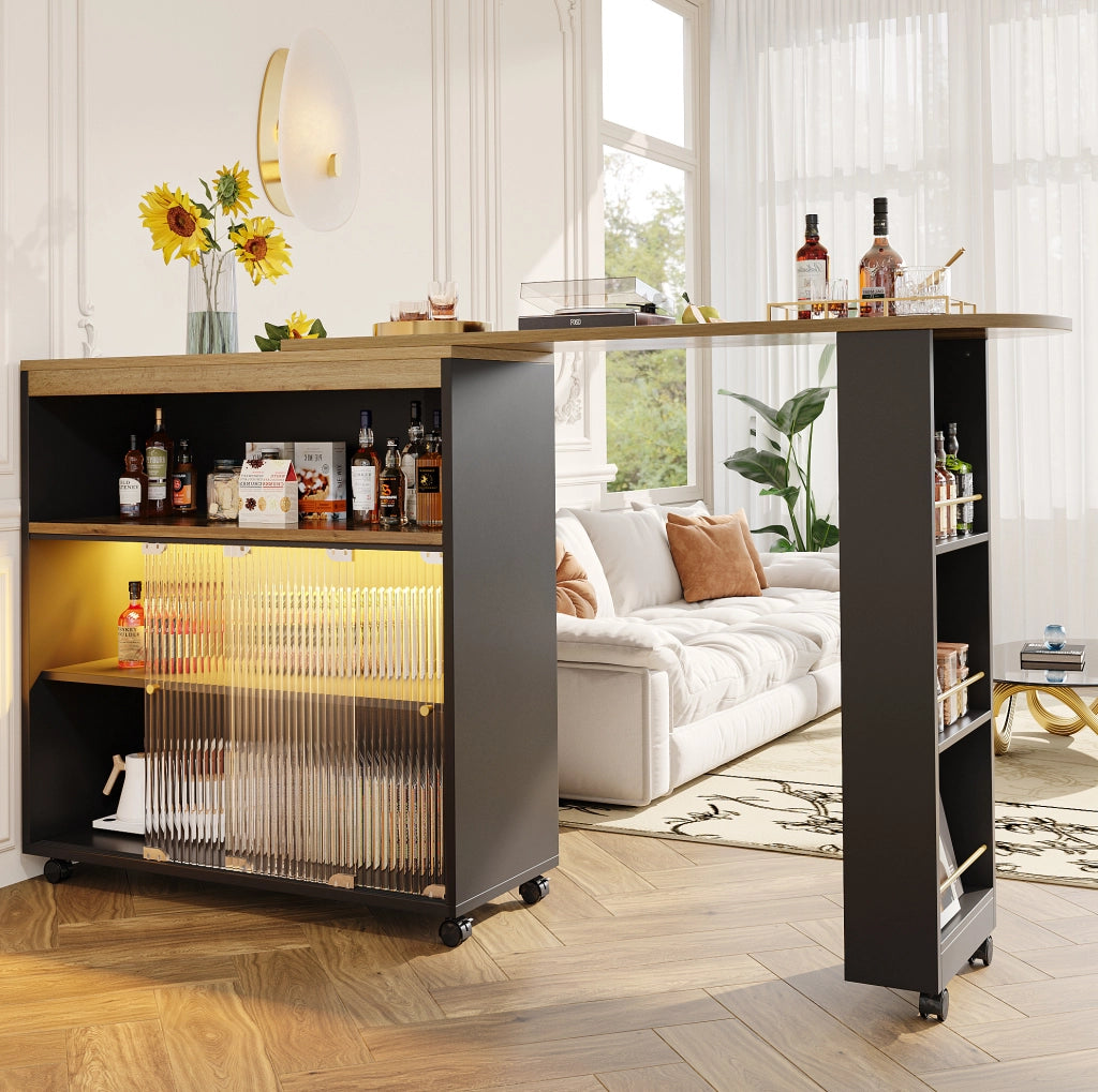 Tavolo bar 138-204x39x105 cm allungabile con contenitore e LED in MDF nero
