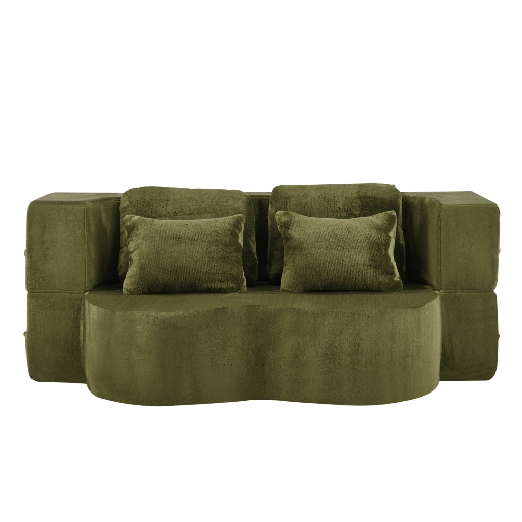 Divano letto modulare verde 2 in 1, 4 cuscini, tessuto peluche, schiuma e molle