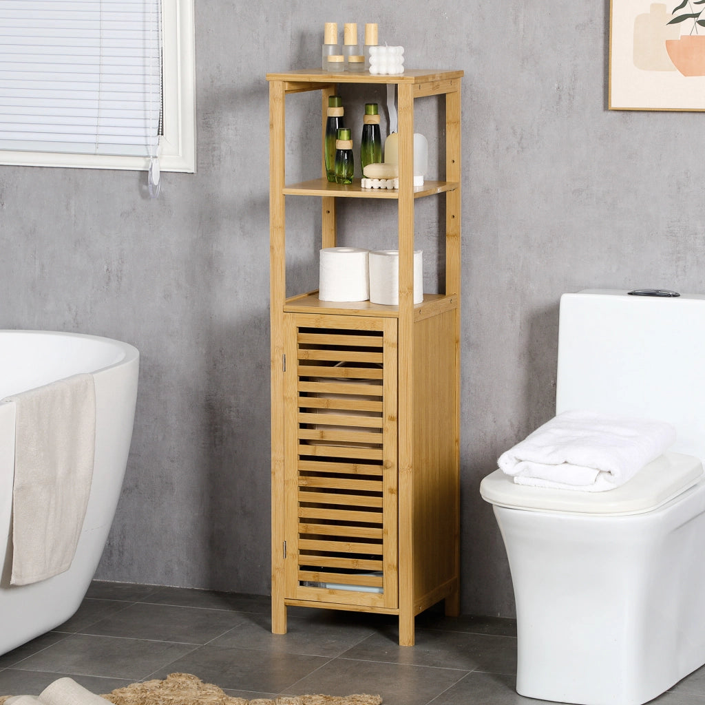 Mobiletto da bagno regolabile in altezza, mobiletto da bagno in bamb¨´, mobile da bagno con armadietto, due ripiani a giorno, per bagno, circa 33 x