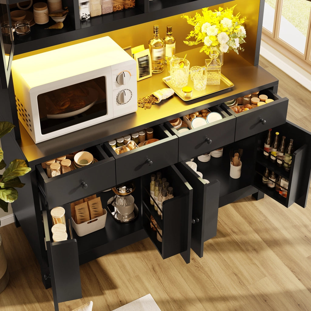Credenza alta con 4 cassetti; ripiani regolabili e ante in vetro con LED RGB per cucina e soggiorno; 140×38.5×180 cm