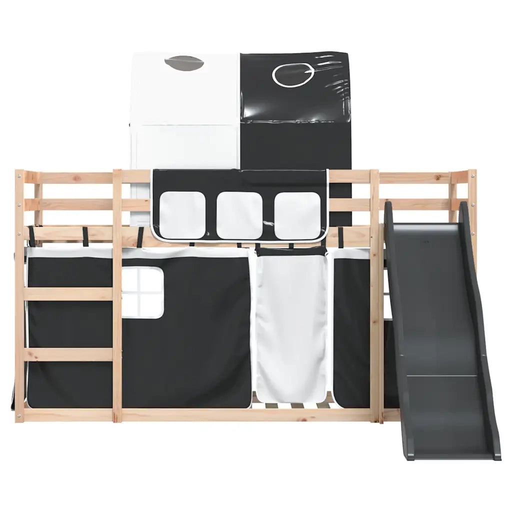 Letto singolo | Letto per adulti | Letto a Castello con Scivolo e Tende Bianco e Nero 80x200 cm