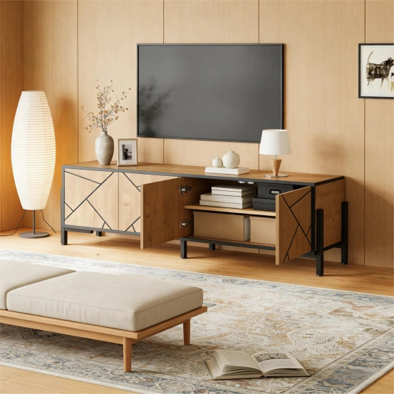 Mobile TV con 4 Ante ¨C MINIMAL ¨C Legno Naturale e Nero, 153x40x50 cm