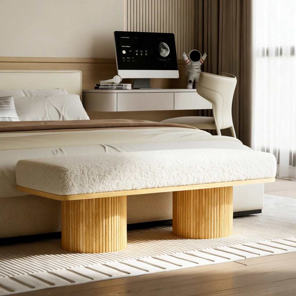 Panca imbottita 122 cm en teddy fleece con base in legno massiccio, seduta morbida per ingresso e camera, naturale