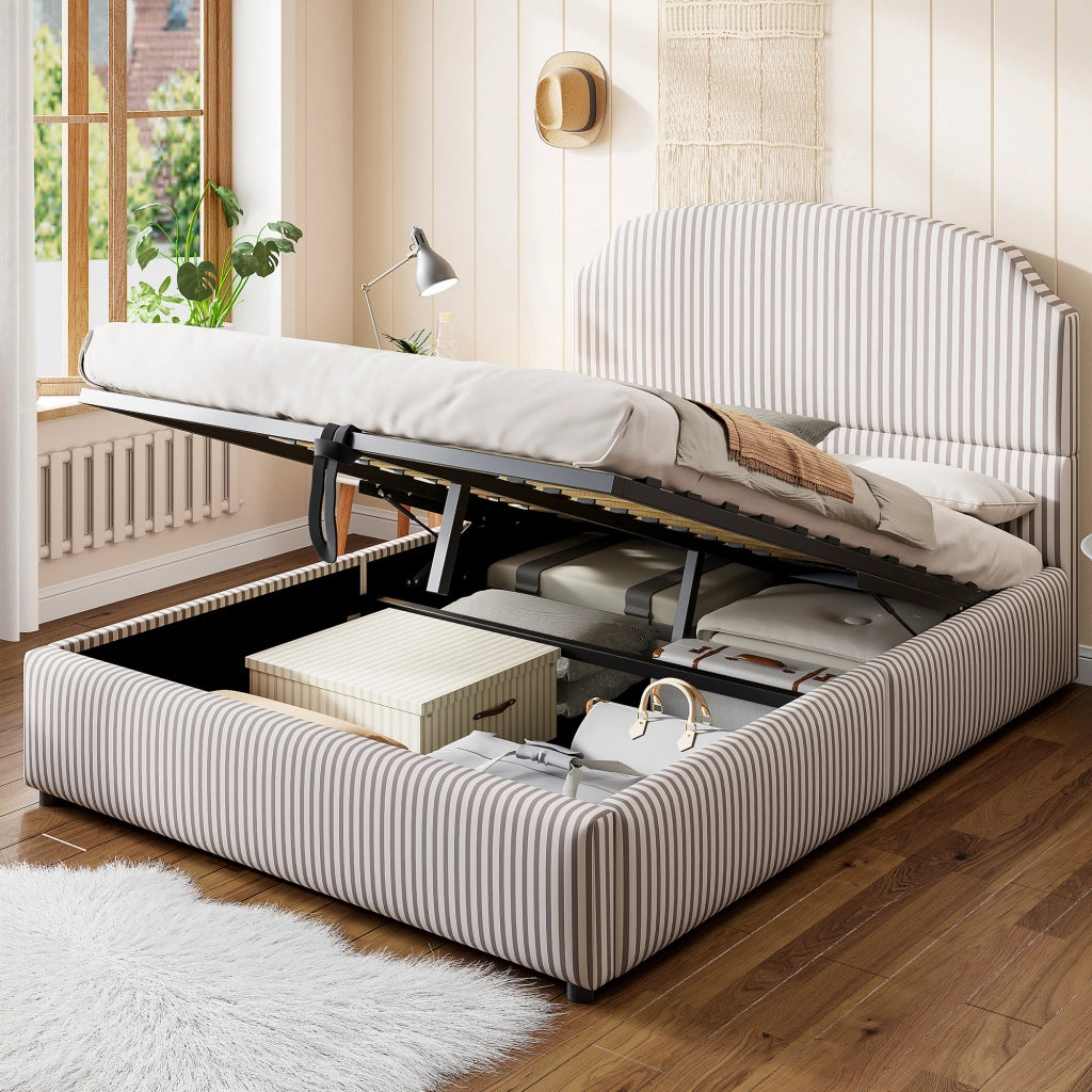 DESMIU Lit contenitore 140 × 200 cm 2 posti con vano idraulico e testiera, senza materasso, in tessuto rigato bianco e antracite