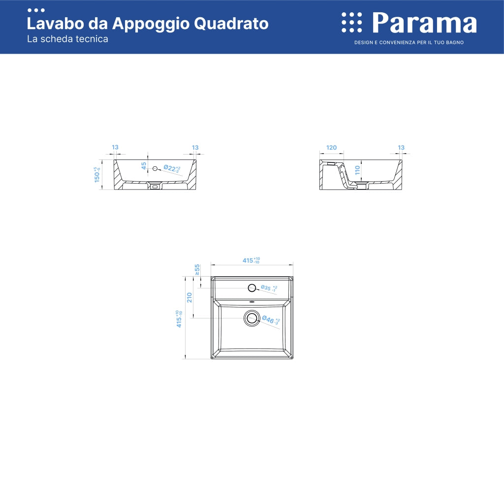 Lavabo da appoggio quadrato con troppopieno 40x40x14,5 cm Bianco