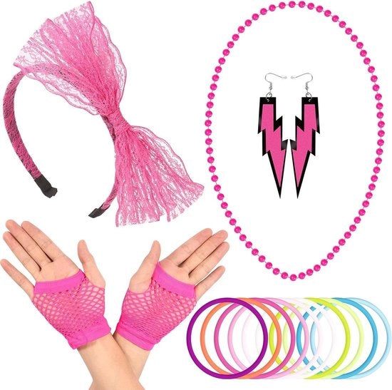 Accessori per donna 16 pezzi - Maniche neon - Orecchini neon - Bracciali neon - Collana neon - Cintura neon - Cappello neon - Outfit da party.