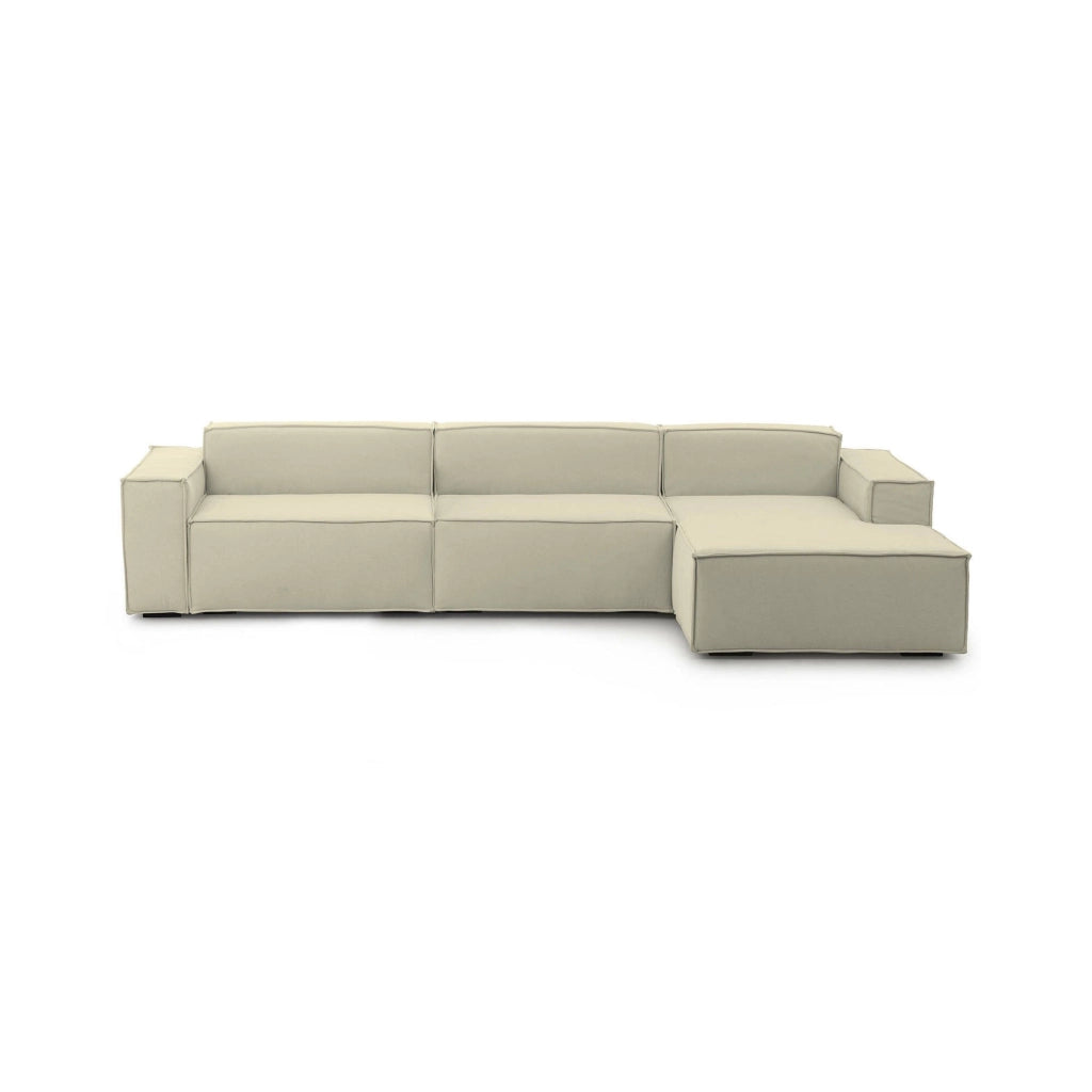 Divano fisso Asvaldo, Divano componibile a 4 posti con penisola destra, Made in Italy, Sofà\  moderno in tessuto, Cm 340x170h70, Beige