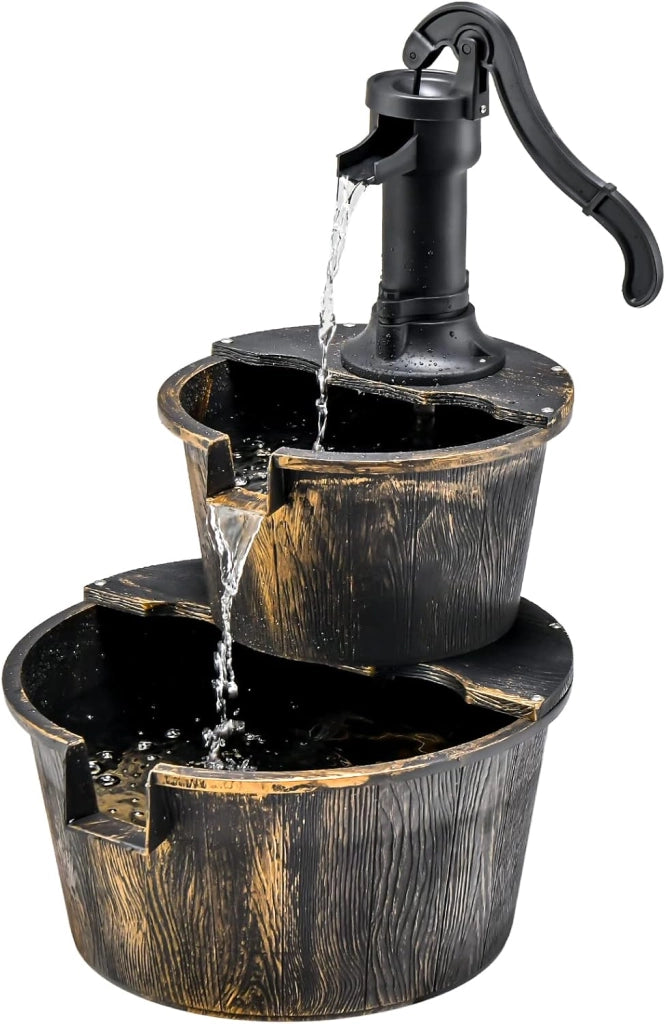 Fontana da Giardino a 2 Livelli, Fontana Rustica con Pompa Regolabile e Ricircolo di Acqua, Fontanella per Giardino Prato e Terrazza, 45,5 x 41 x 68 cm, Bronzo Antico