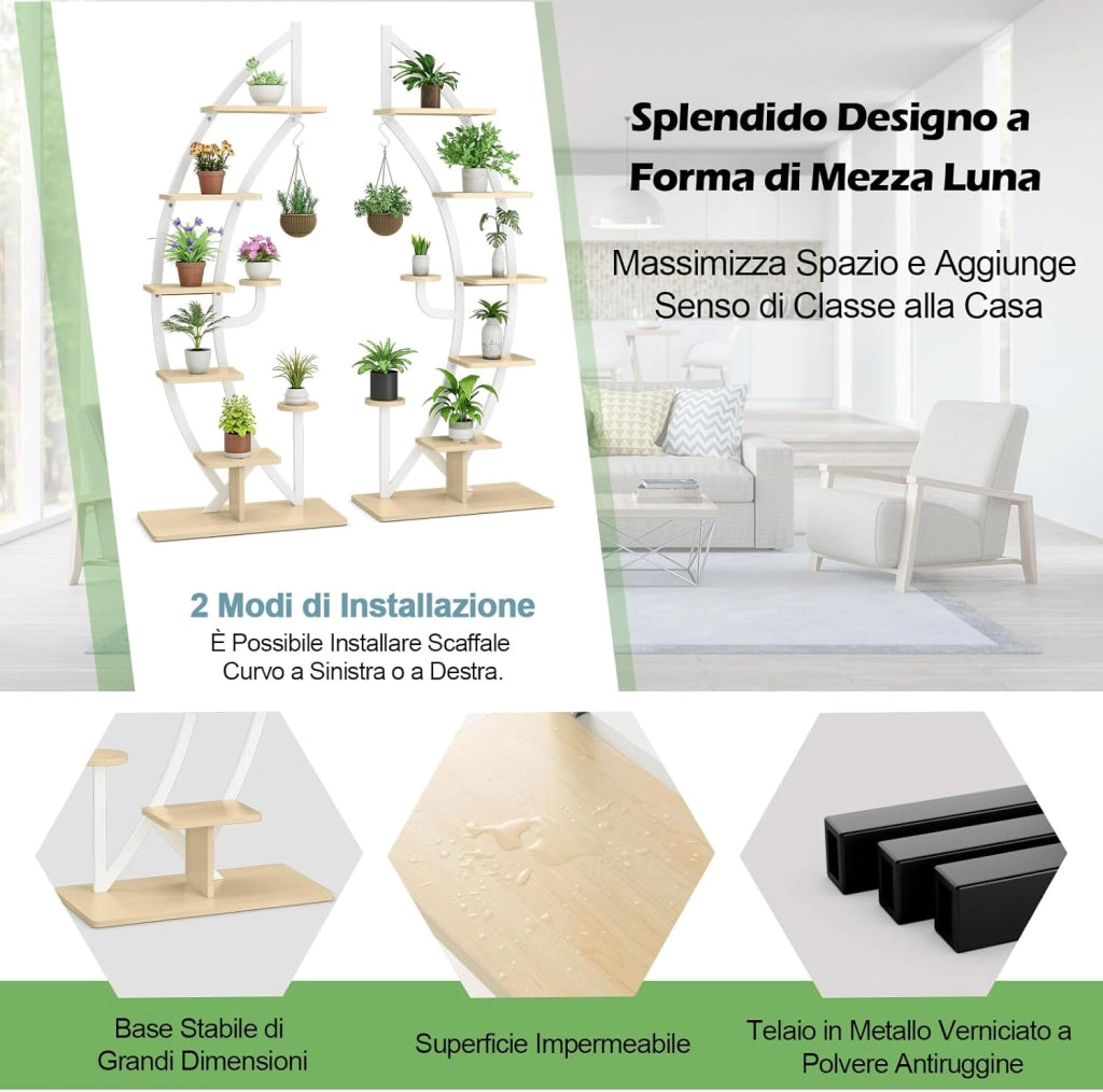 Scaffale per Piante a 7 Livelli, Scaffale a Forma di Mezza Luna con Gancio e Dispositivo Antiribaltamento, Porta Piante e Fiori per Balcone e Soggiorno, 60 x 30 x 155 cm (2 PEZZI BIANCO)