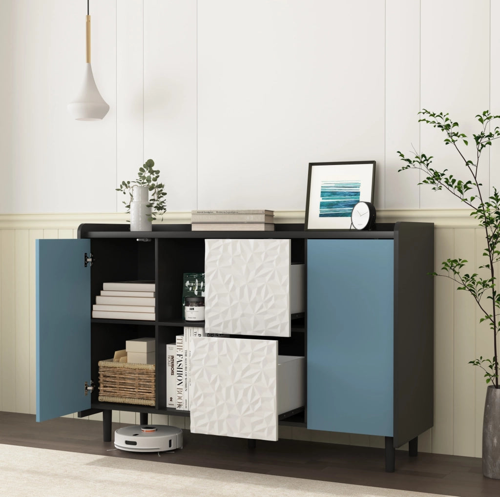 Credenza sideboard con 2 cassetti e vano chiuso 120 cm in MDF nero e blu