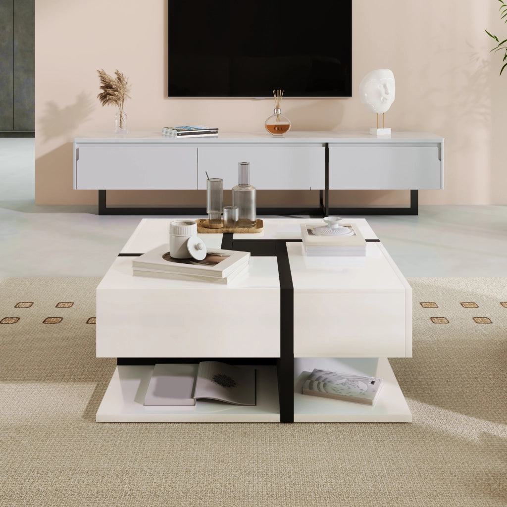 Tavolino da salotto quadrato 4 cassetti con ripiano aperto, finitura lucida, per soggiorno, in truciolare, bianco, 78 × 78 × 36 cm