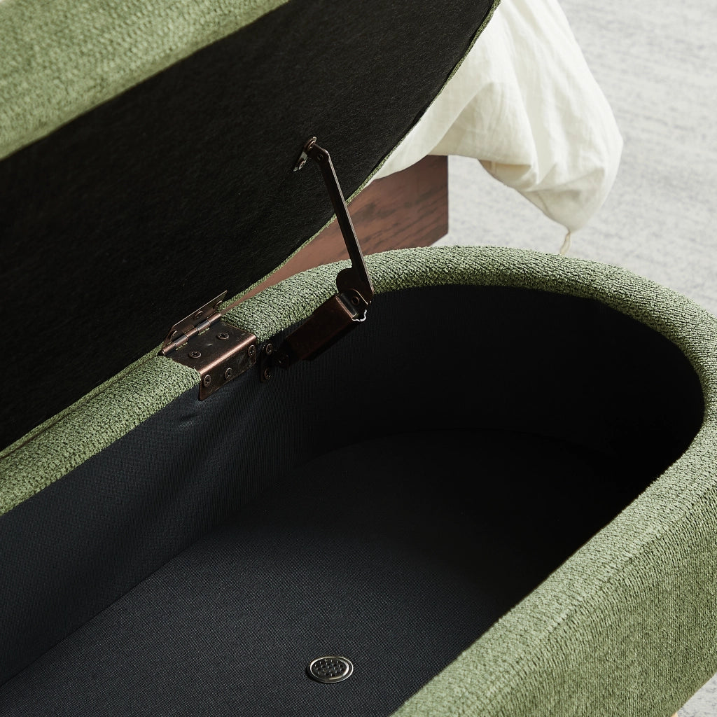 Panca contenitore 110 cm in chenille verde, struttura MDF robusta, con vano portaoggetti e fori di ventilazione