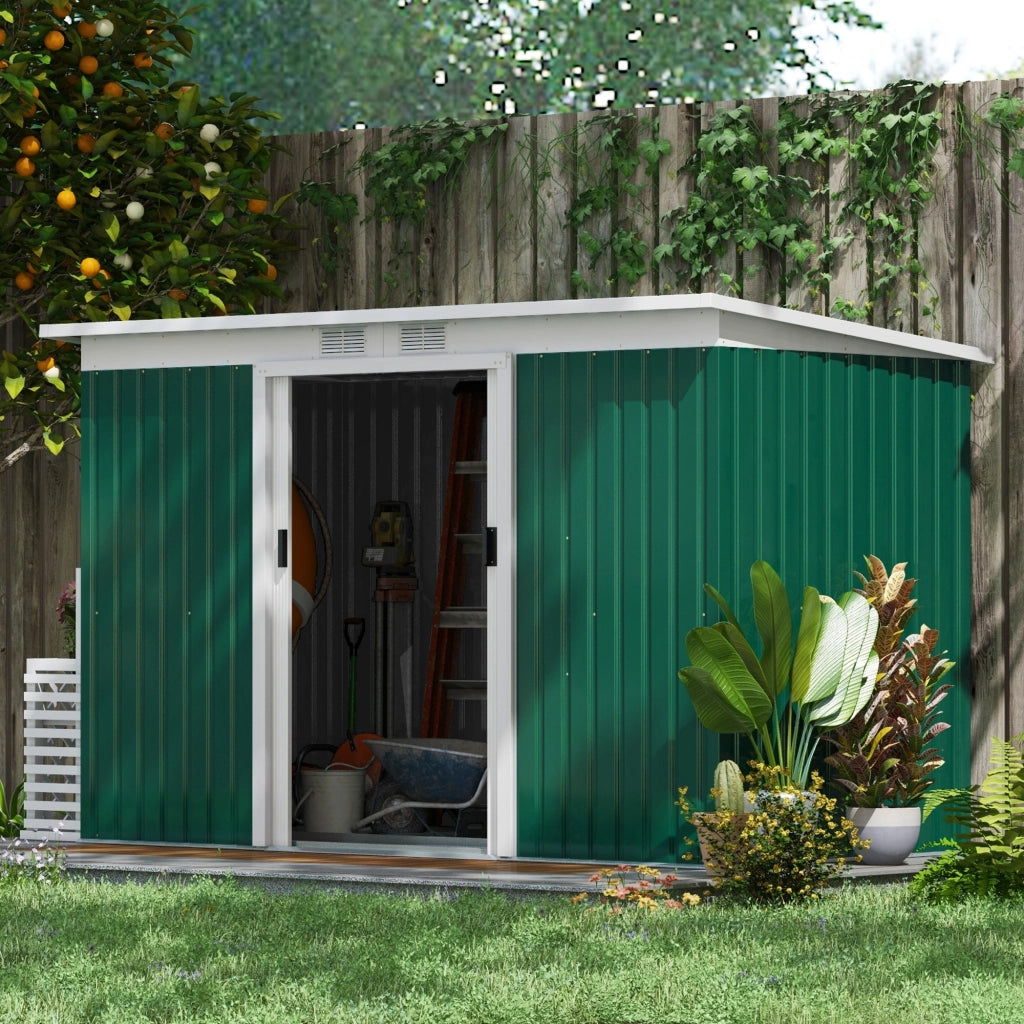 Capanno da giardino; capanno da giardino; capanno da giardino con porta scorrevole; finestra di ventilazione; tetto monopendio; esterno; acciaio; verde scuro; 280 x 130 x 172 cm
