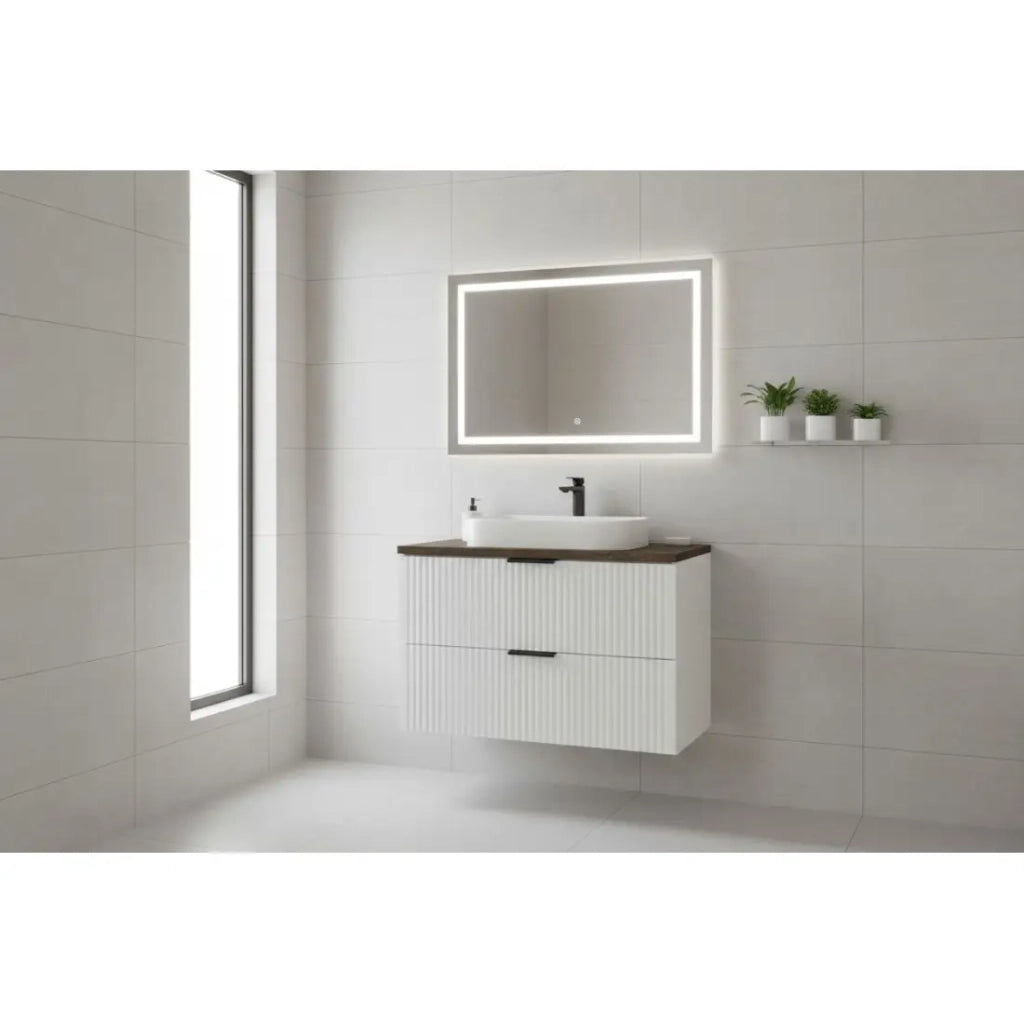 Set bagno NOXERA 80 cm – Mobile sottolavabo sospeso bianco alpino con piano per lavabo effetto legno di abete
