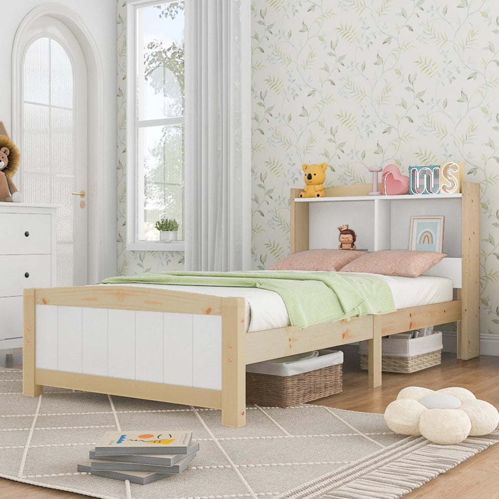 LETTO Singolo 90x200 cm in Legno Massello Bianco/Naturale con materasso incluso