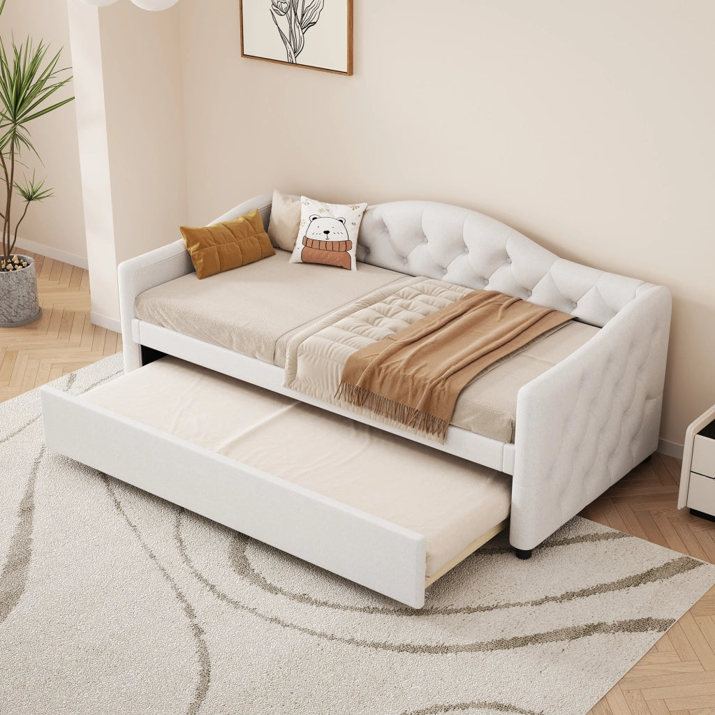 DESMIU Letto singolo 90 × 200 cm 1 posto con letto estraibile, senza materasso, in lino e MDF, stile minimalista, beige