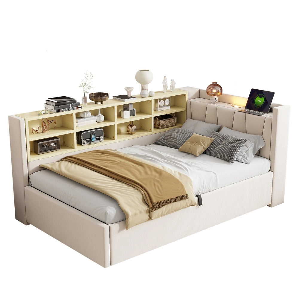 Letto Imbottito Contenitore con Testiera, Luce LED e USB ¨C MINIMAL ¨C Velluto Beige 90x200