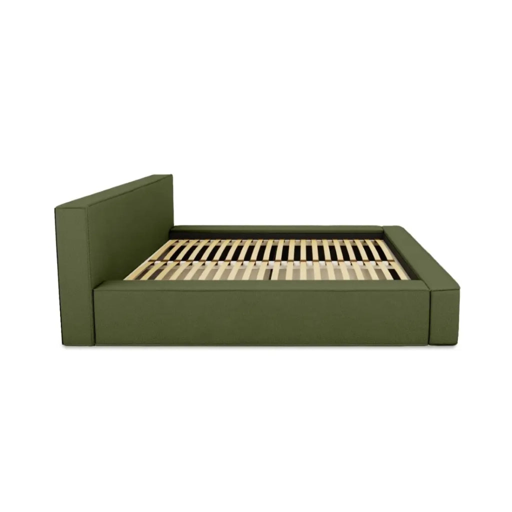Letto contenitore VELORA – Olive bouclé – 180x200 cm – Tessuto velluto morbido – Rete sollevabile – Contenitore integrato