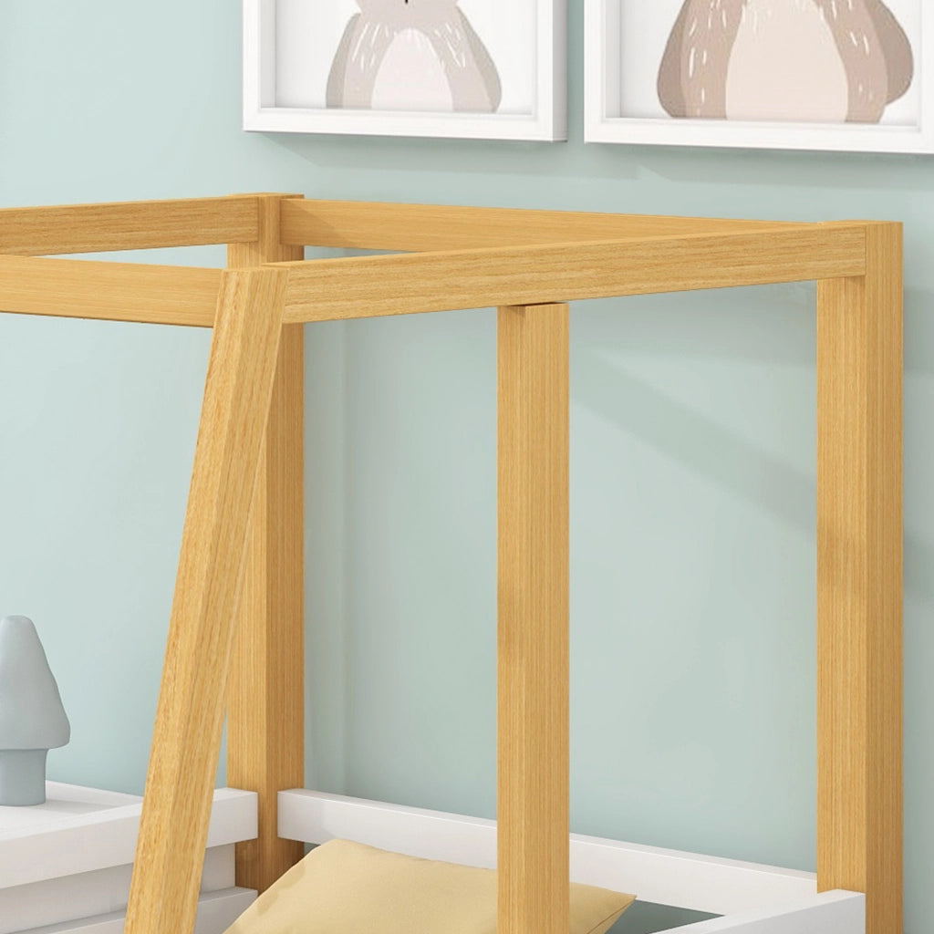 DESMIU Letto per bambini 1 posto con sponde, forma auto e struttura superiore, 90 × 200 cm, senza materasso, bianco