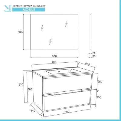 Mobile bagno sospeso 80 rovere bianco e tortora con lavabo e specchio  Iris
